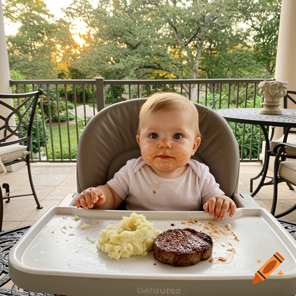 A baby with a messy face sitting in a high chair on a patio, with mashed potatoes and steak on the tray.