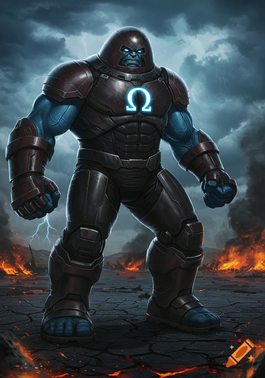 Blue-skinned character in dark Juggernaut-like armor with a glowing omega symbol, standing on cracked earth with fires under a stormy sky.