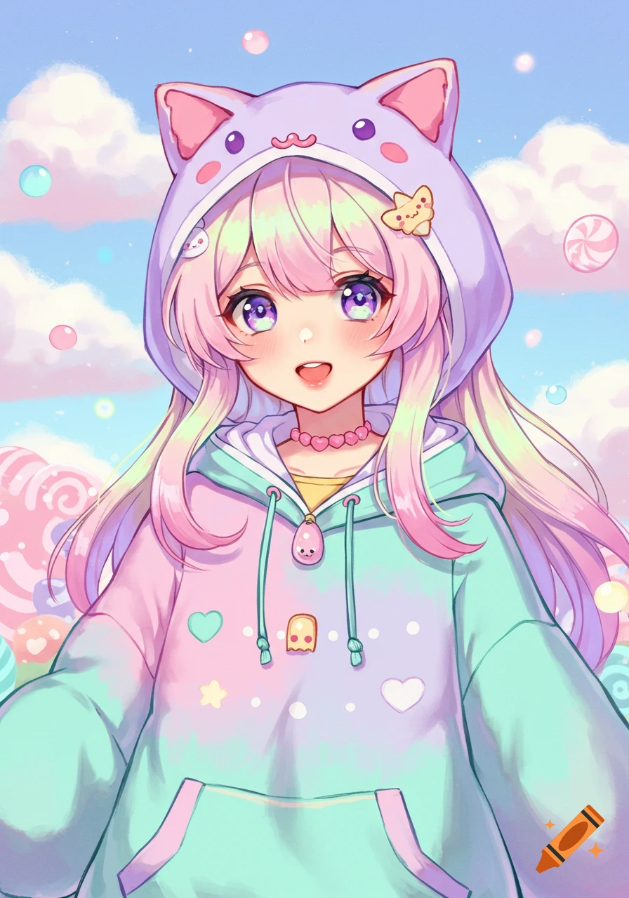 A cute anime girl with pastel rainbow hair, wearing a cat-ear hoodie and colorful sweatshirt, surrounded by candies.