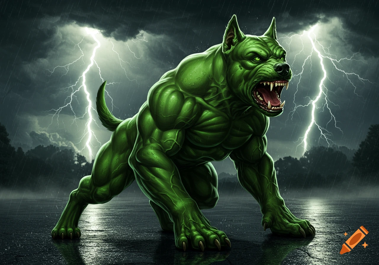 A hulking green muscular dog with bared fangs growls fiercely in a dramatic lightning storm.
