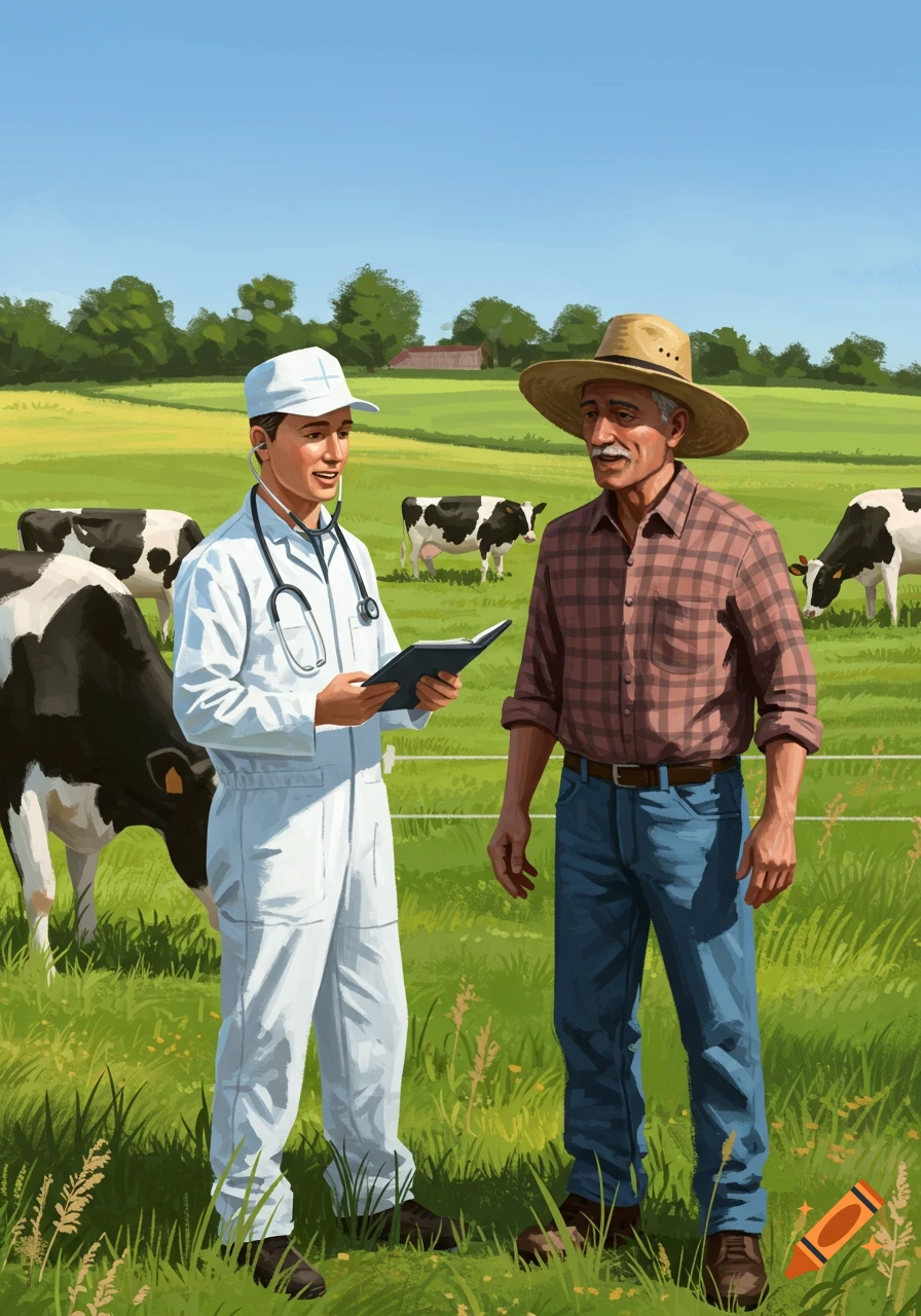 An illustration of a veterinarian in coveralls talking to a dairy farmer in a pasture with cows.