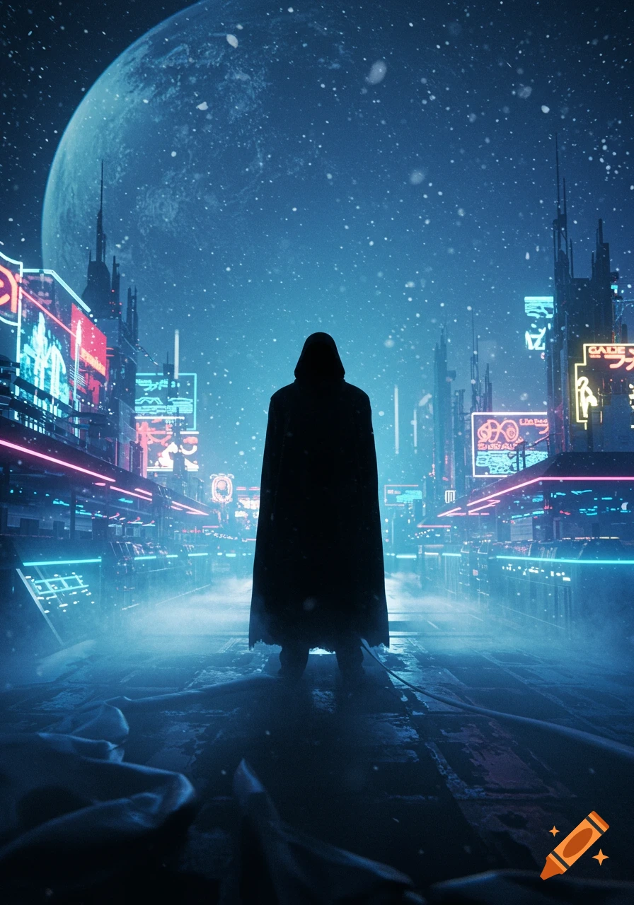 A hooded figure stands in a snowy, futuristic city street under a large moon, bathed in blue and pink neon light.