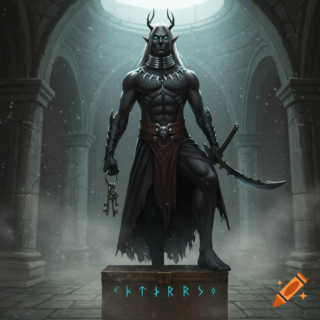 A dark elf warrior with white hair, green eyes, and horns, holding keys and a sword, standing on a glowing runic chest in a stone chamber.