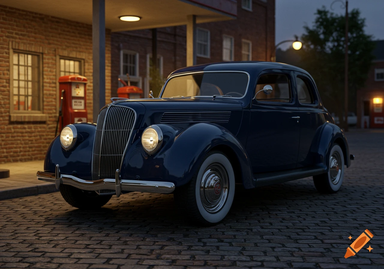 Dark blue vintage car parked on a cobblestone street at dusk, in front of a brick building with gas pumps.