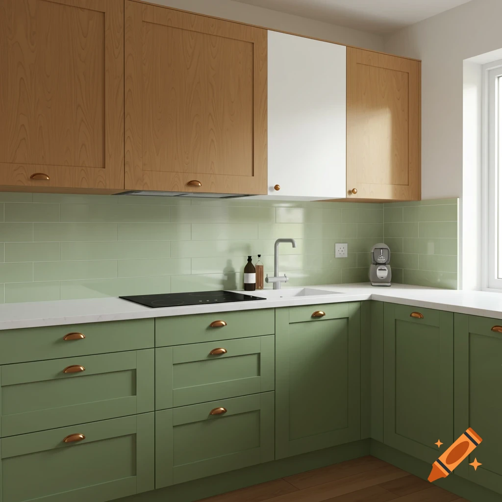 A modern kitchen with natural wood upper cabinets, a white upper cabinet, sage green lower cabinets, and white countertops.