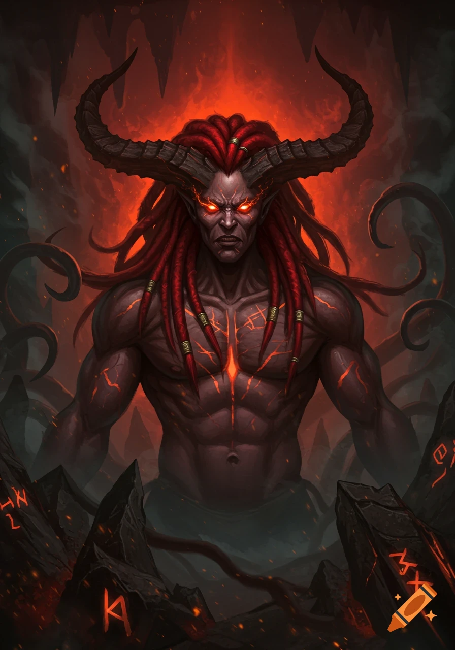 A powerful red-dreadlocked demon with glowing red eyes and horns stands in a fiery, dark, rocky environment.