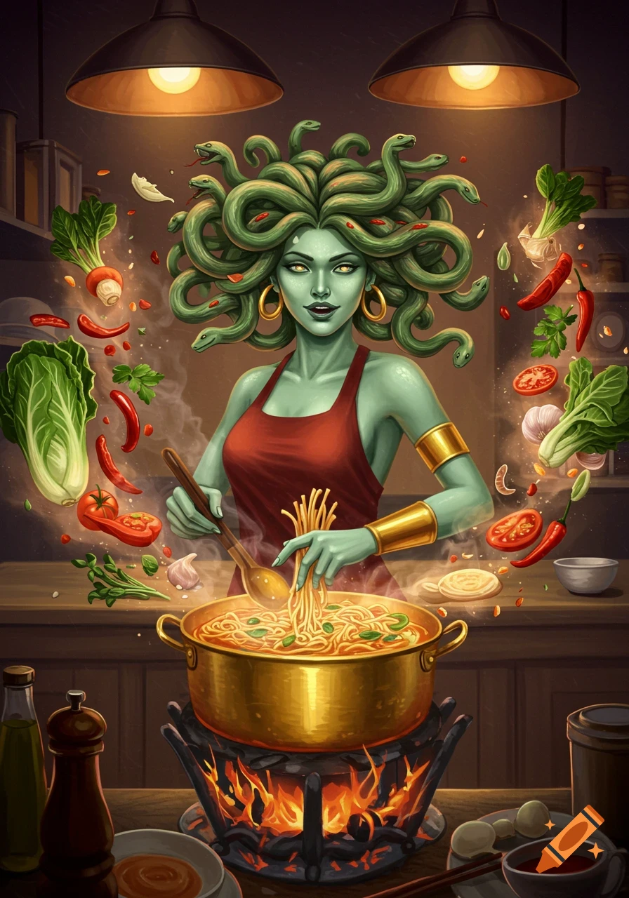 Vibrant illustration of Medusa, with snakes for hair, wearing an apron and cooking soup in a kitchen with ingredients floating around.