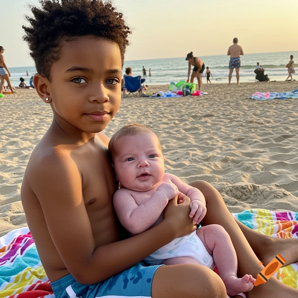 Young boy with curly hair holding a baby on a striped towel at a sunny beach with people in the background.