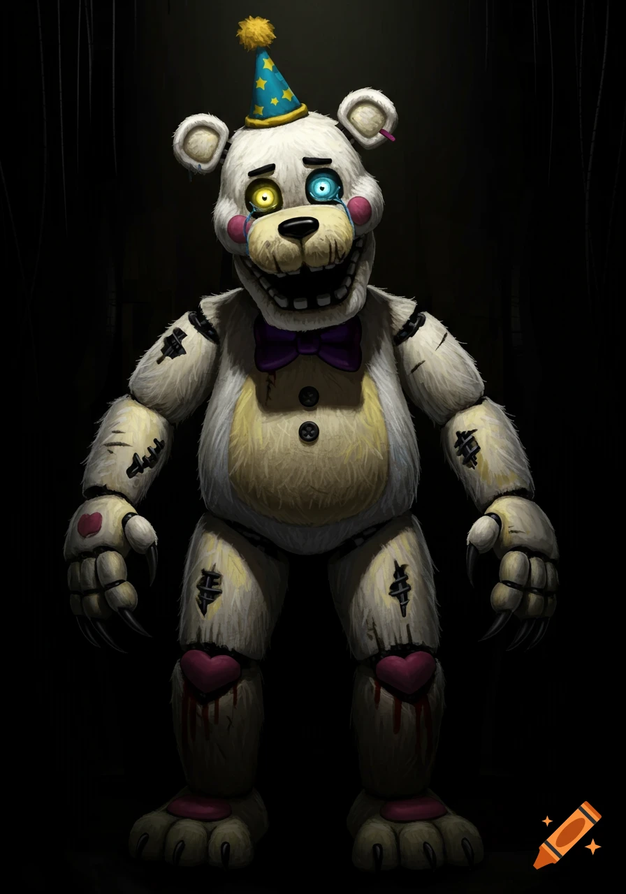 Creepy animatronic polar bear with mismatched glowing eyes, party hat, purple bowtie, sharp claws, and damaged heart details, in a dark setting.
