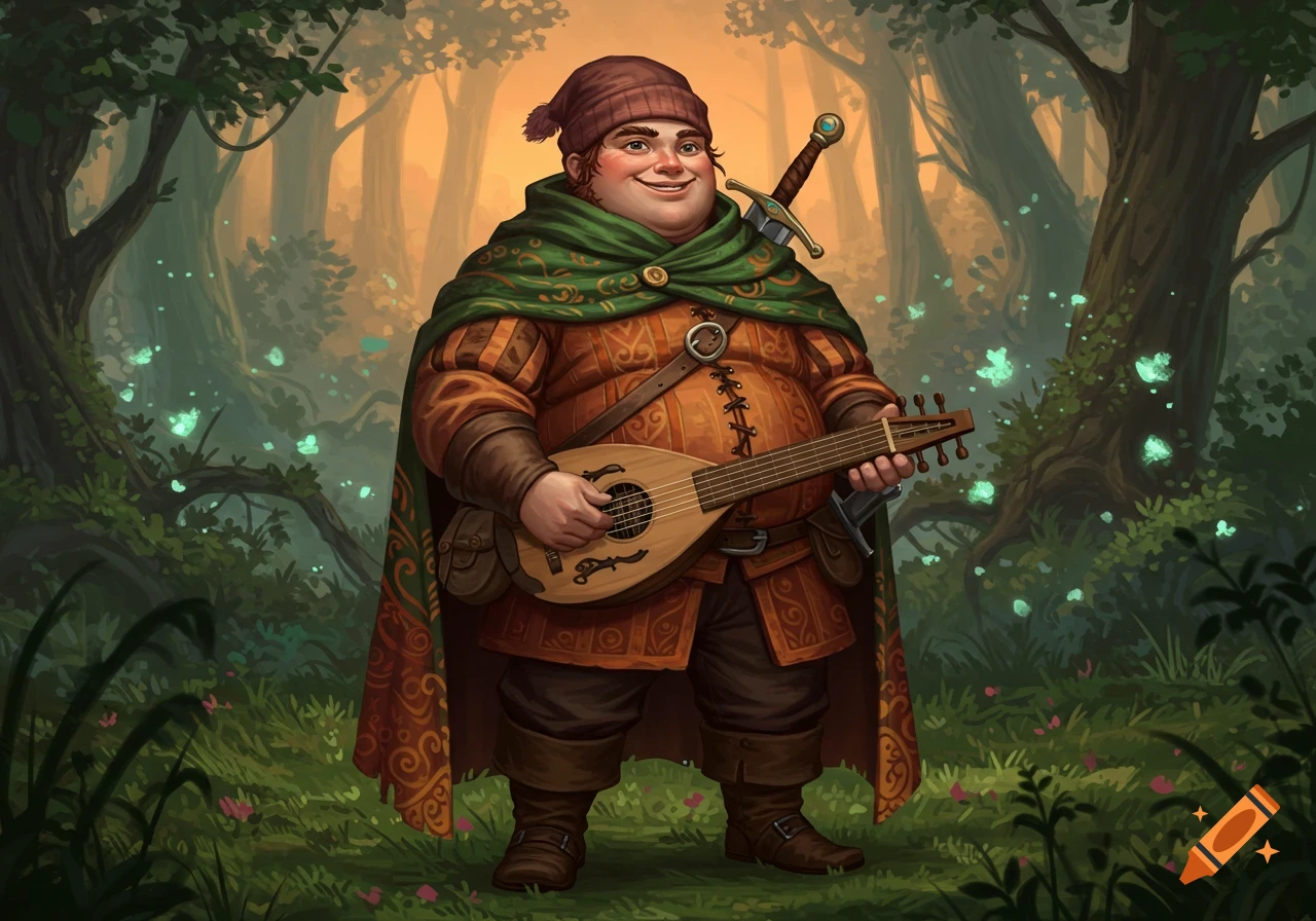 A smiling, overweight fantasy bard with a beanie, green cape, lute, and sword, stands in an enchanted forest with glowing butterflies.