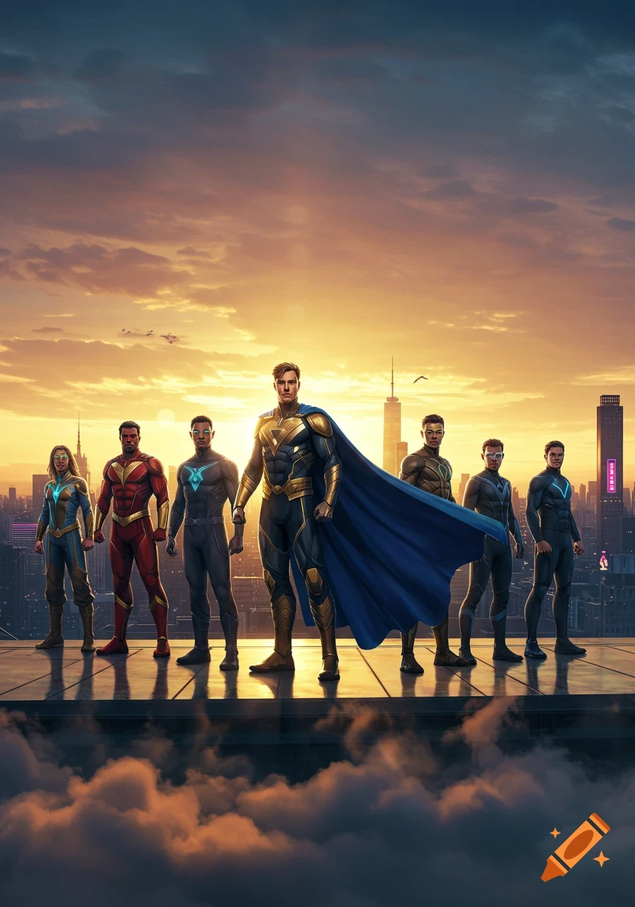 A diverse group of superheroes stands on a city rooftop at sunset, with a golden sky and city skyline behind them.