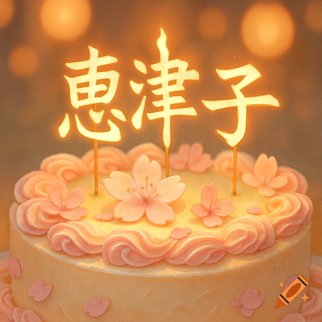 A birthday cake decorated with pink cherry blossoms and glowing Japanese kanji '恵津子' standing upright.