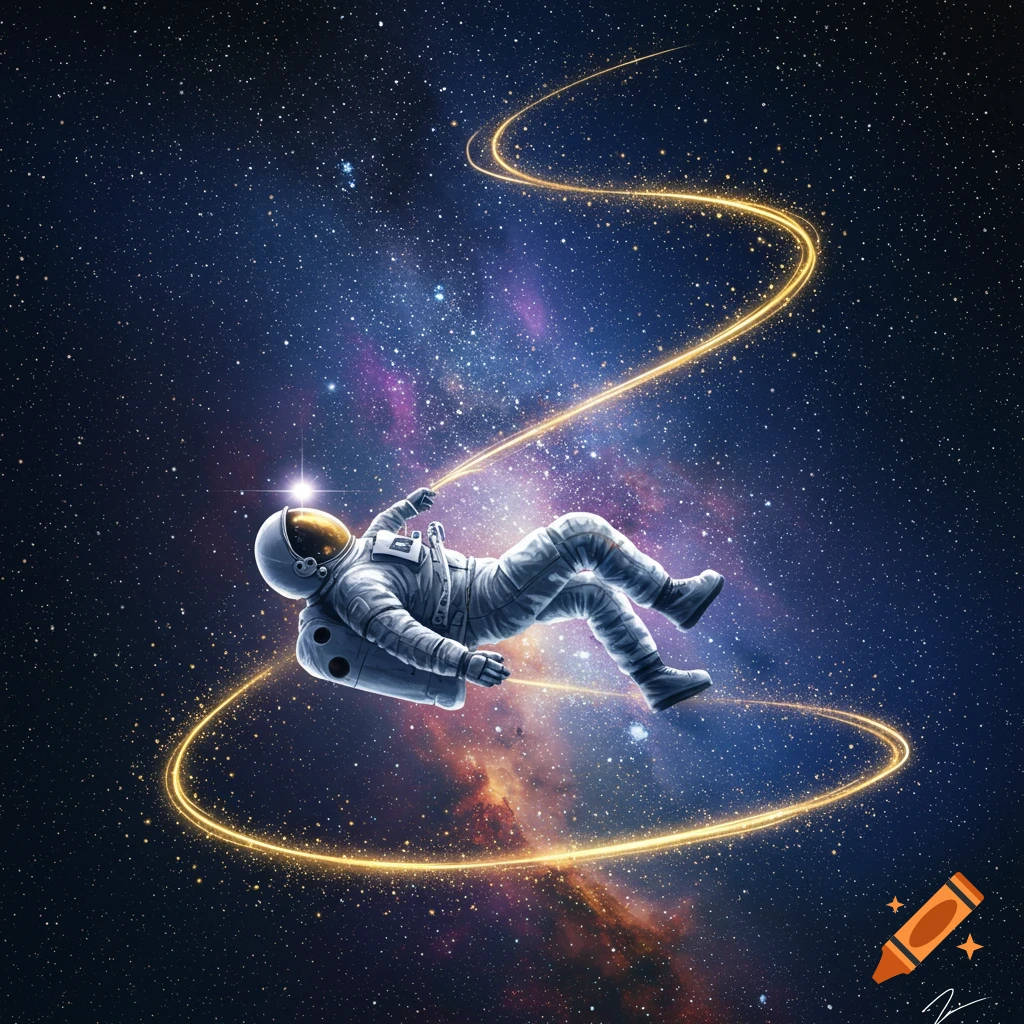 An astronaut floats in deep space, trailing a glowing golden light path through a field of stars and nebulae.