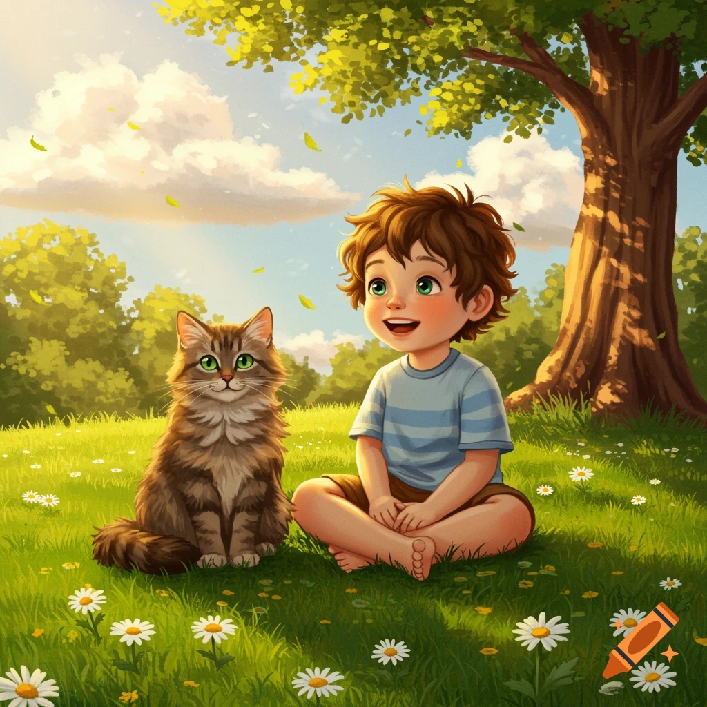 An illustrated boy and a fluffy tabby cat sit in a sunny green field with daisies, under a tree.