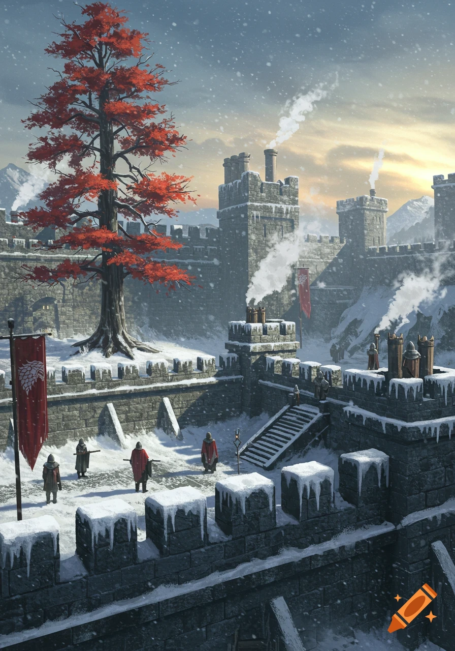 A snow-covered fantasy castle, resembling Winterfell, with a large red-leafed tree, stone walls, guards, and smoking chimneys.