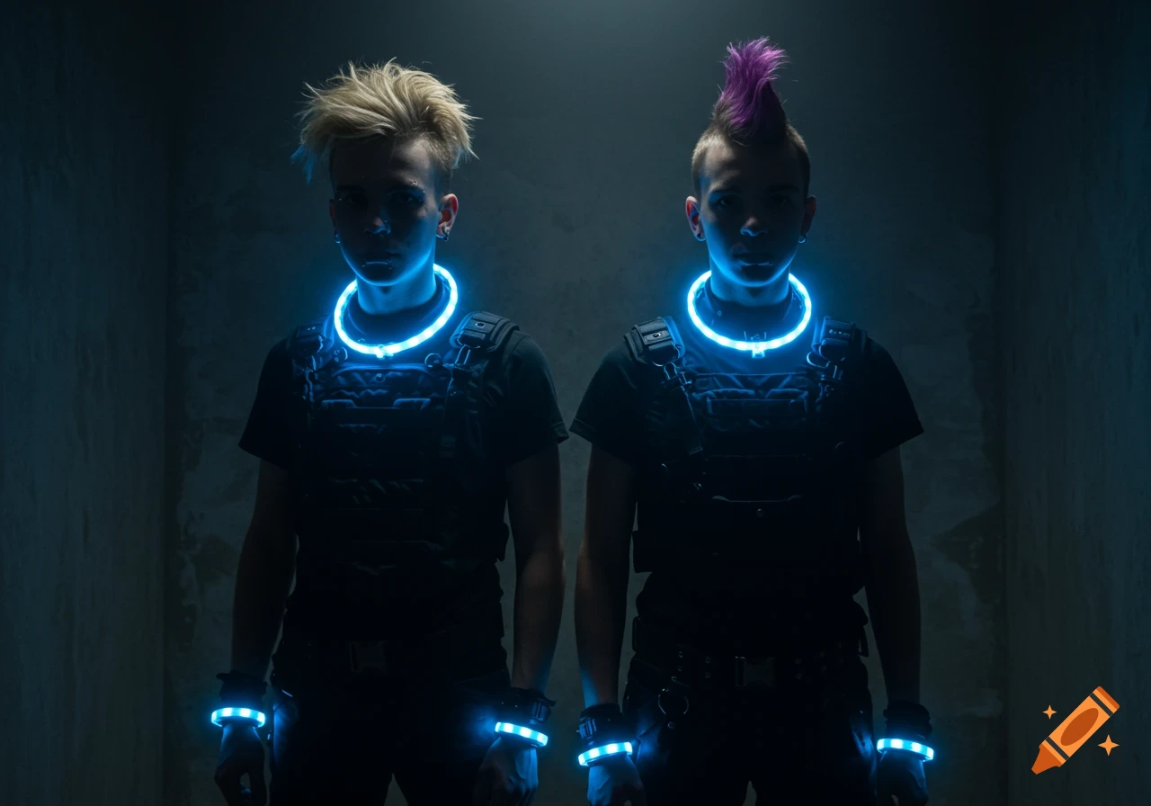 Two male punks in a dark room, wearing black tactical vests, glowing blue cyber collars, and wrist cuffs. One has blonde messy hair, the other a purple mohawk.