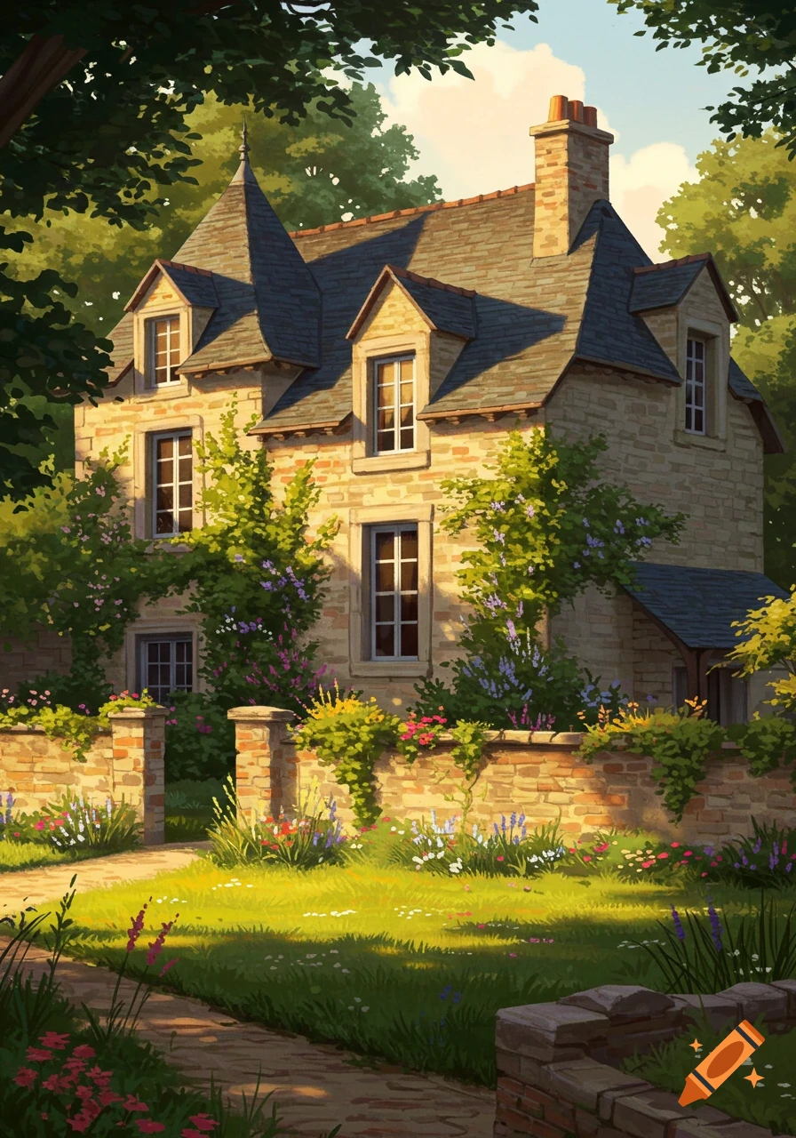 A charming stone house with a steep roof and dormer windows, surrounded by a lush garden with a brick wall and flowering plants, in a warm, illustrative style.