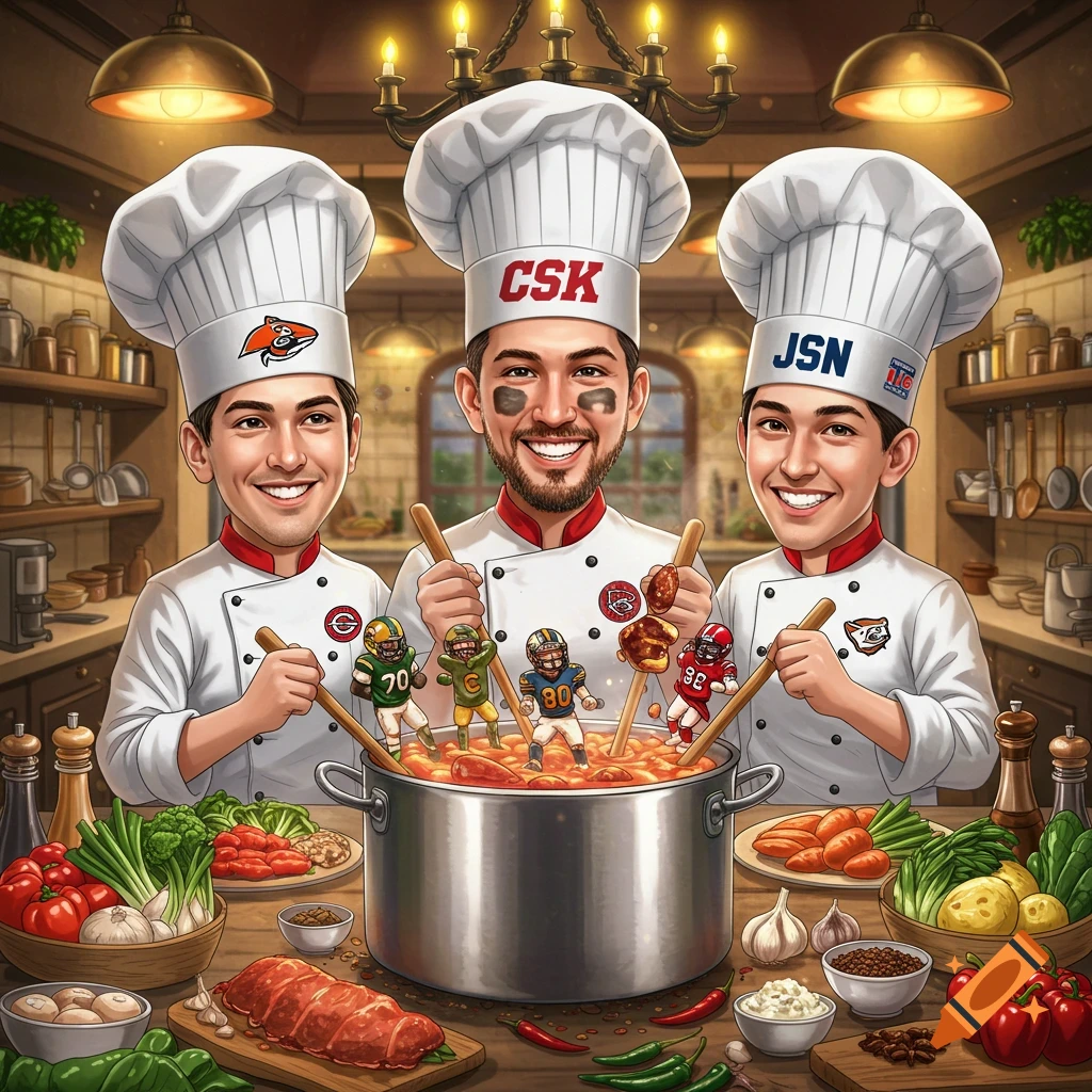 Three cartoon chefs with team logos on their hats cook miniature football players in a large pot in a detailed kitchen.