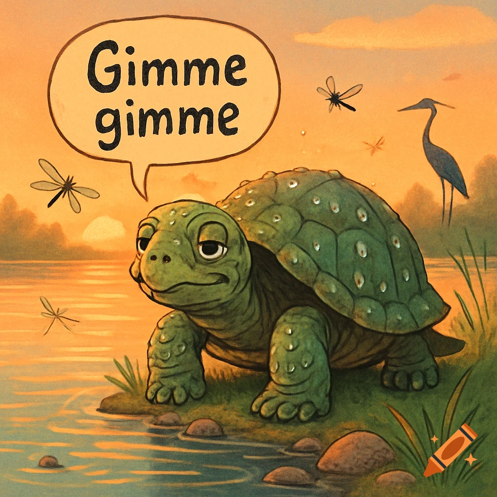 An illustrative cartoon of a turtle by a lake at sunset, with a speech bubble saying 'Gimme gimme'. Dragonflies and a heron are in the background.