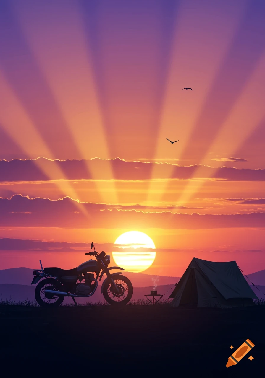 Silhouette of a motorcycle and a camping tent on a hill against a vibrant purple and orange sunset with sun rays and flying birds.