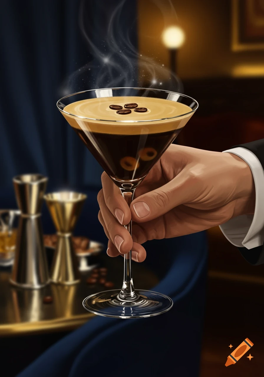 A hand holds an espresso martini with a frothy top, coffee beans, and steam, in an elegant bar setting with shakers in the background.