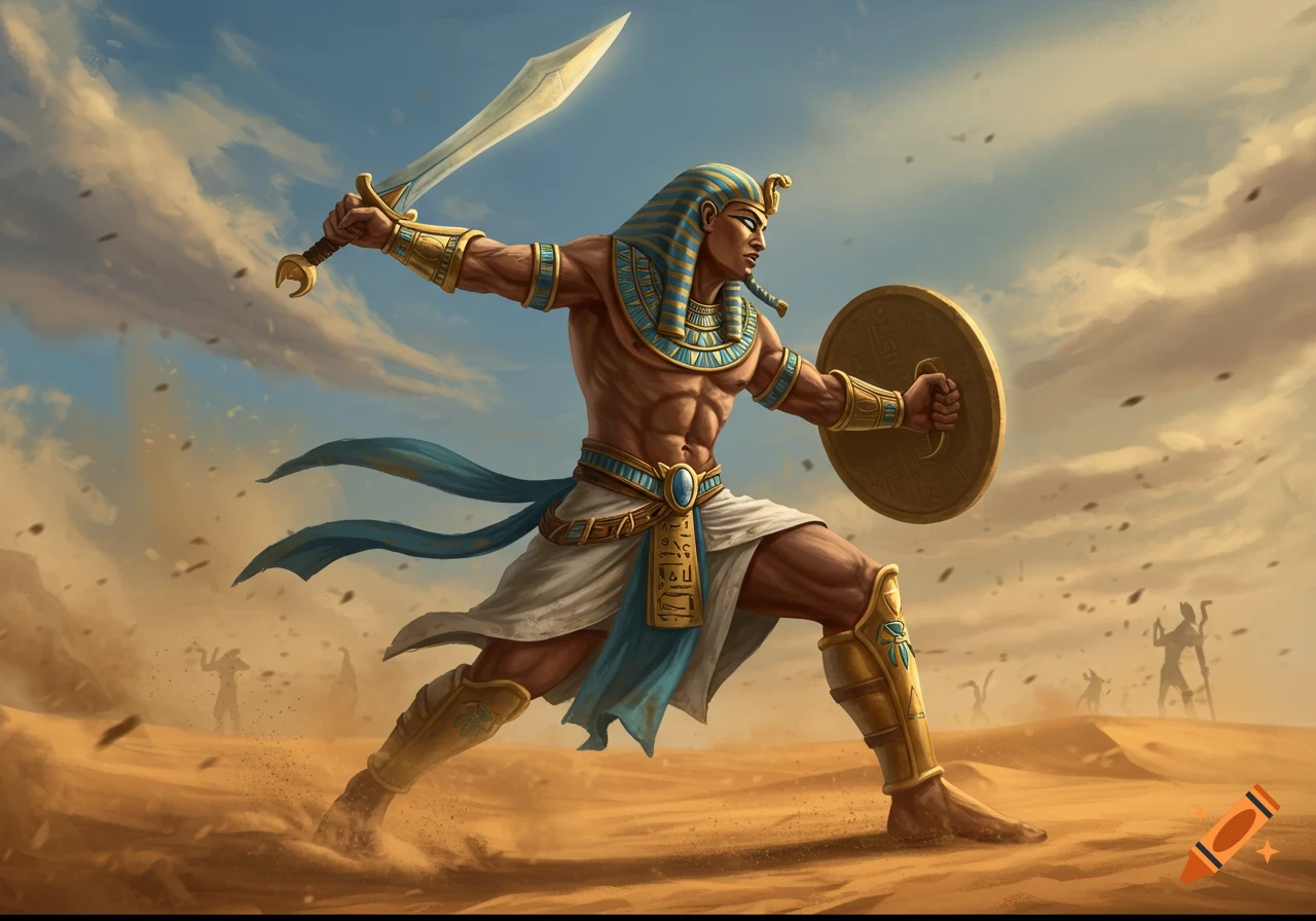 A detailed illustration of a muscular Egyptian warrior in a pharaoh's headdress, wielding a khopesh and shield, running on a desert battlefield.
