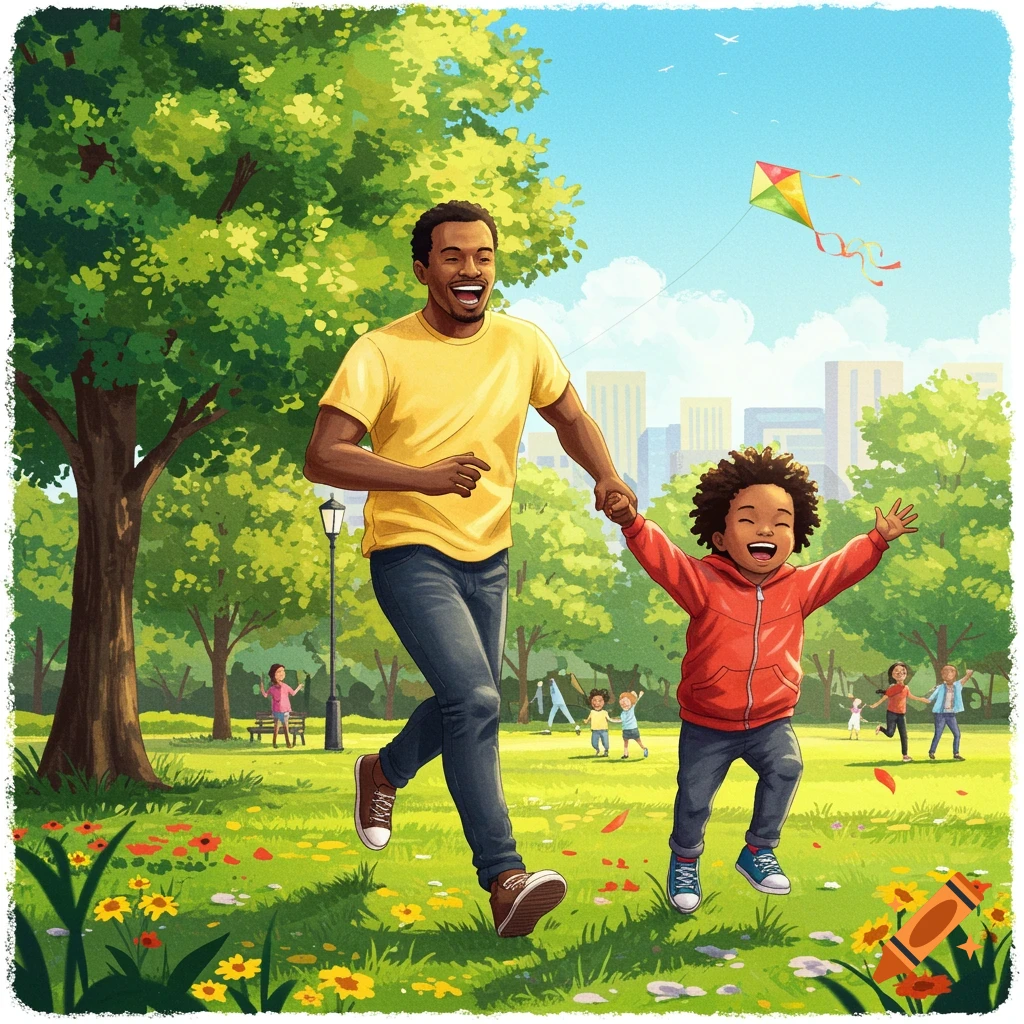 A Black man and a child happily run through a sunny park, flying a colorful kite, in an illustrative style.
