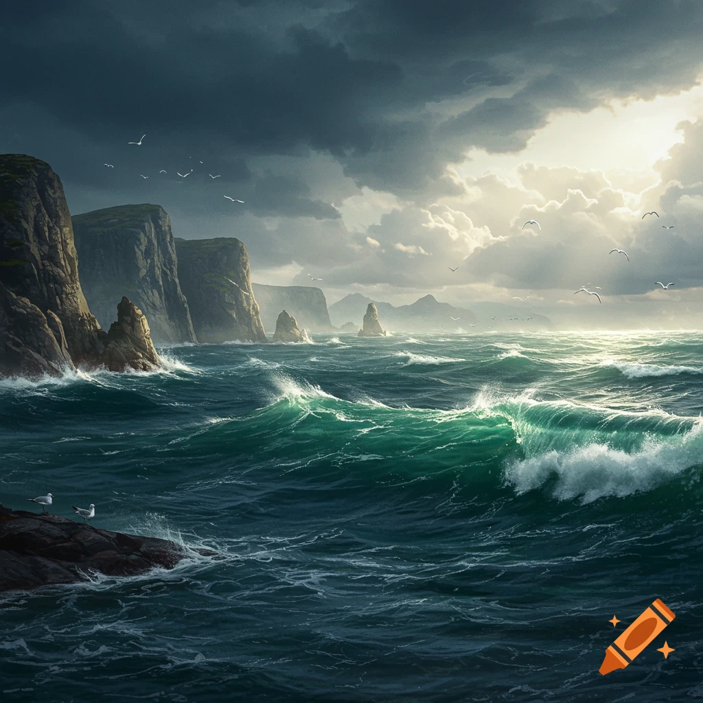 A dramatic, photorealistic painting of a stormy Nordic sea with powerful waves crashing against dark cliffs under a cloud-filled sky and distant sunlight.