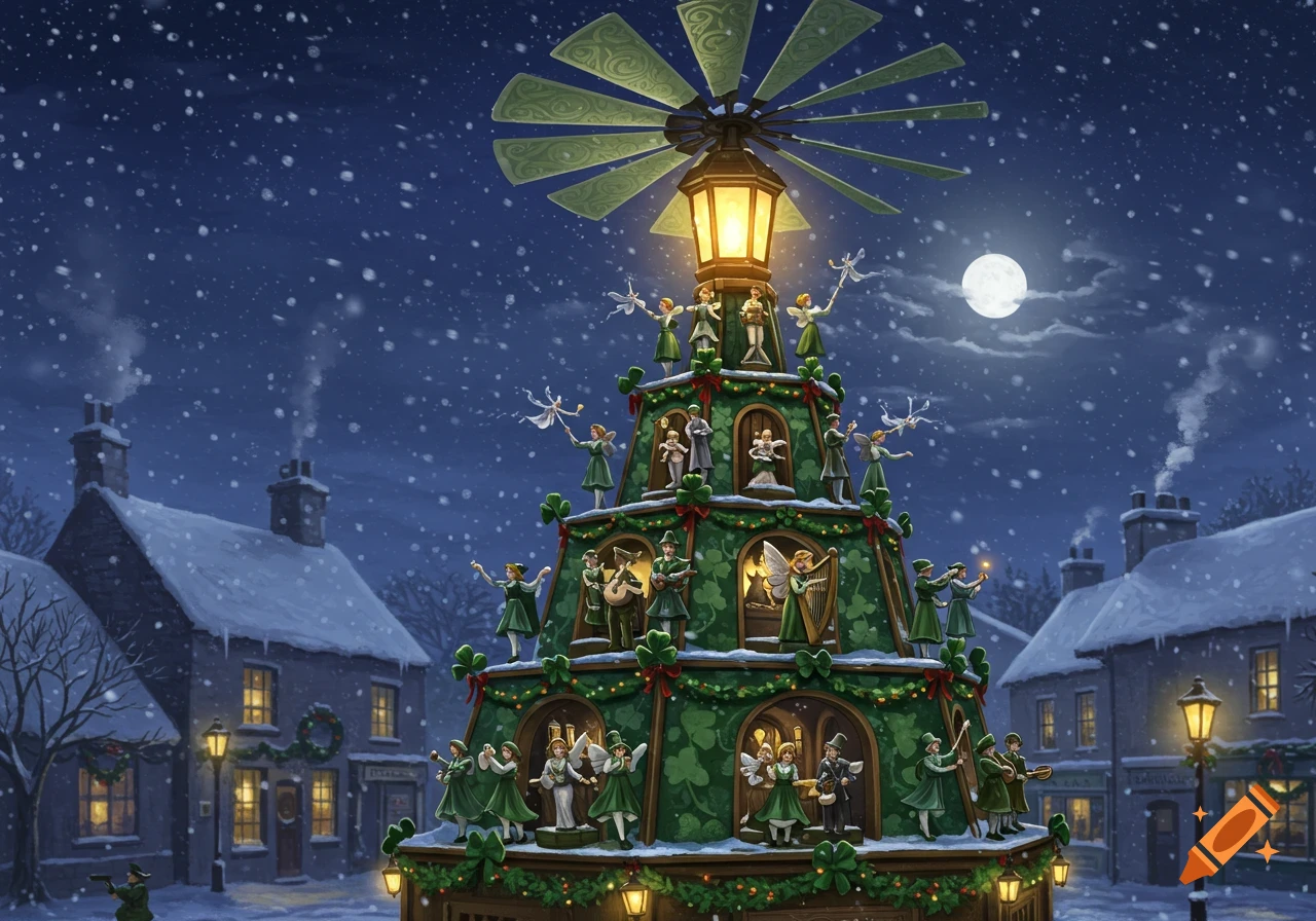 A whimsical Christmas pyramid, decorated with green clovers and figures, in a snowy village scene at night with a full moon.