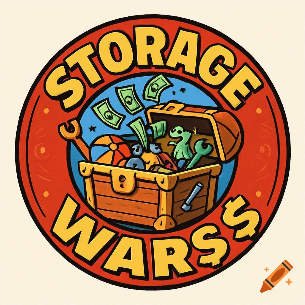 Circular cartoon logo for 'STORAGE WAR$' featuring an open treasure chest overflowing with money, toys, and tools.