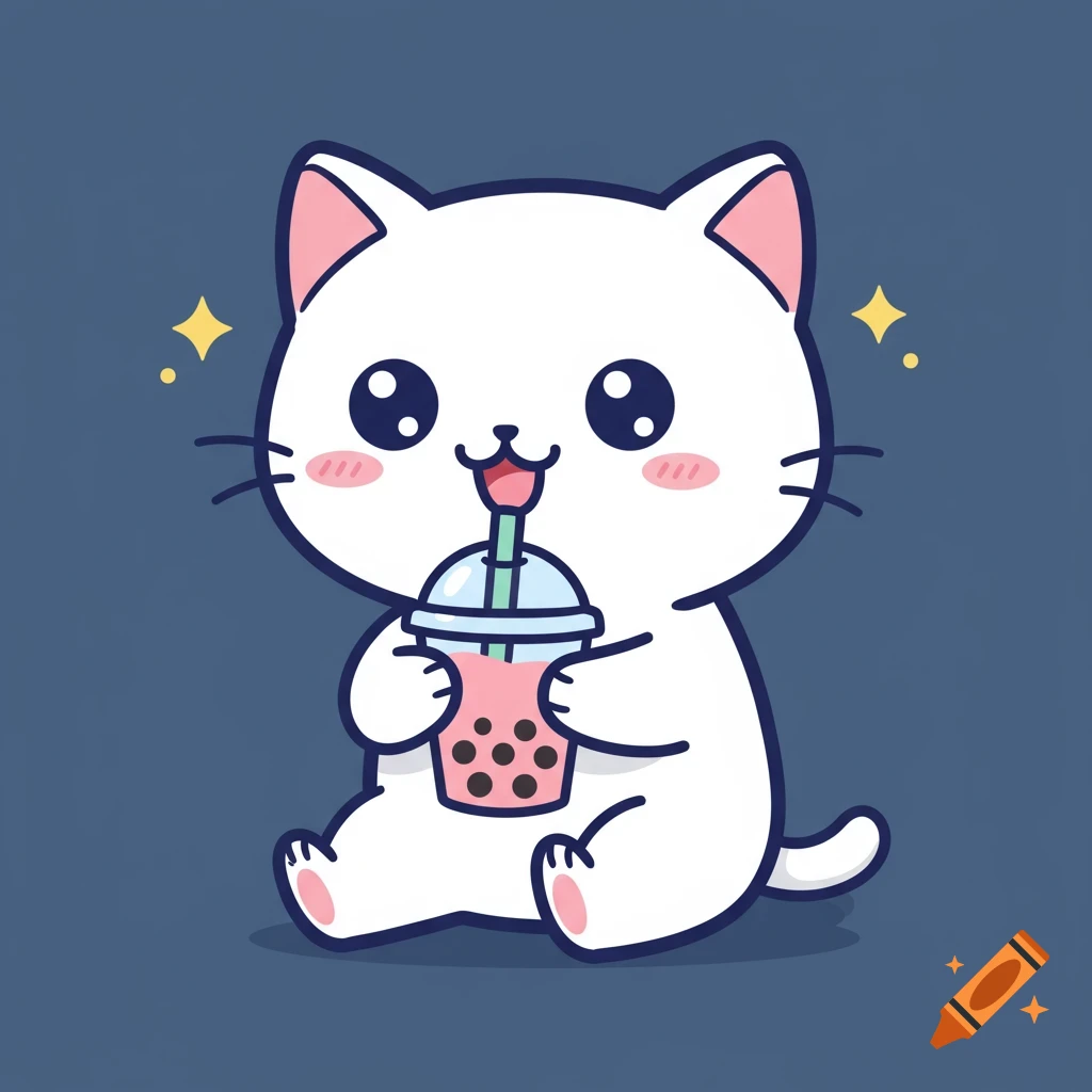 A cute white cartoon cat with a thick outline happily drinks boba tea, minimalist kawaii illustration.