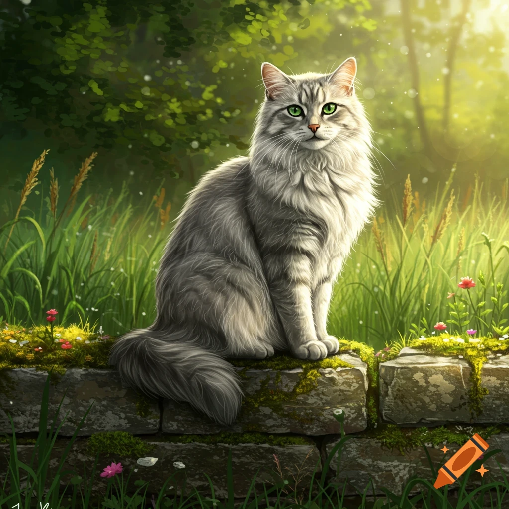 Fluffy grey cat with bright green eyes sitting on a mossy stone wall in a sunlit, vibrant green garden with small flowers, painterly style.