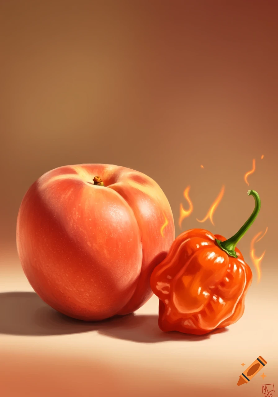 Stylized illustration of a peach resembling buttocks next to a fiery red habanero pepper with flames.