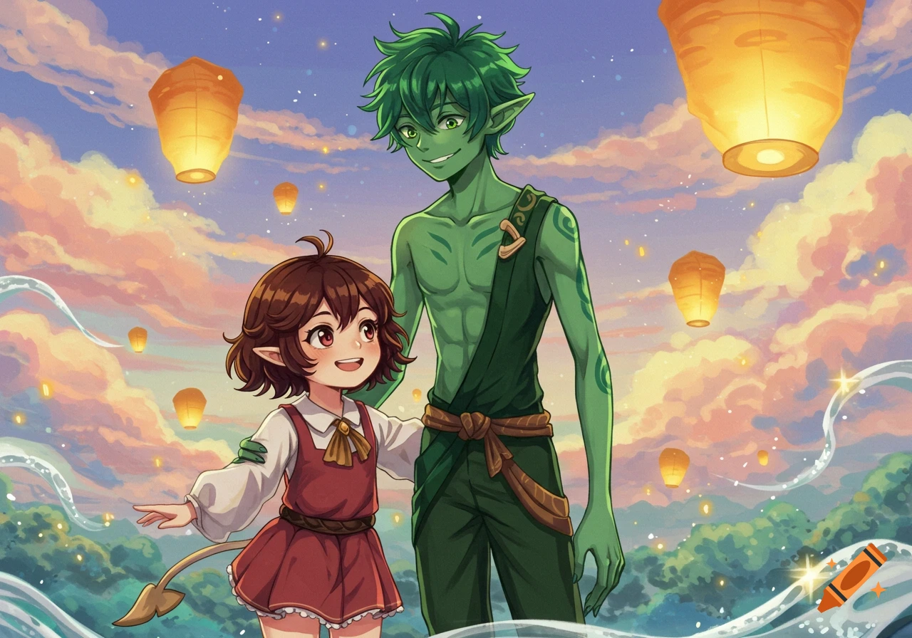 A small anime girl with brown hair and a green-skinned anime man stand under a colorful sky with glowing lanterns, in a digital art style.