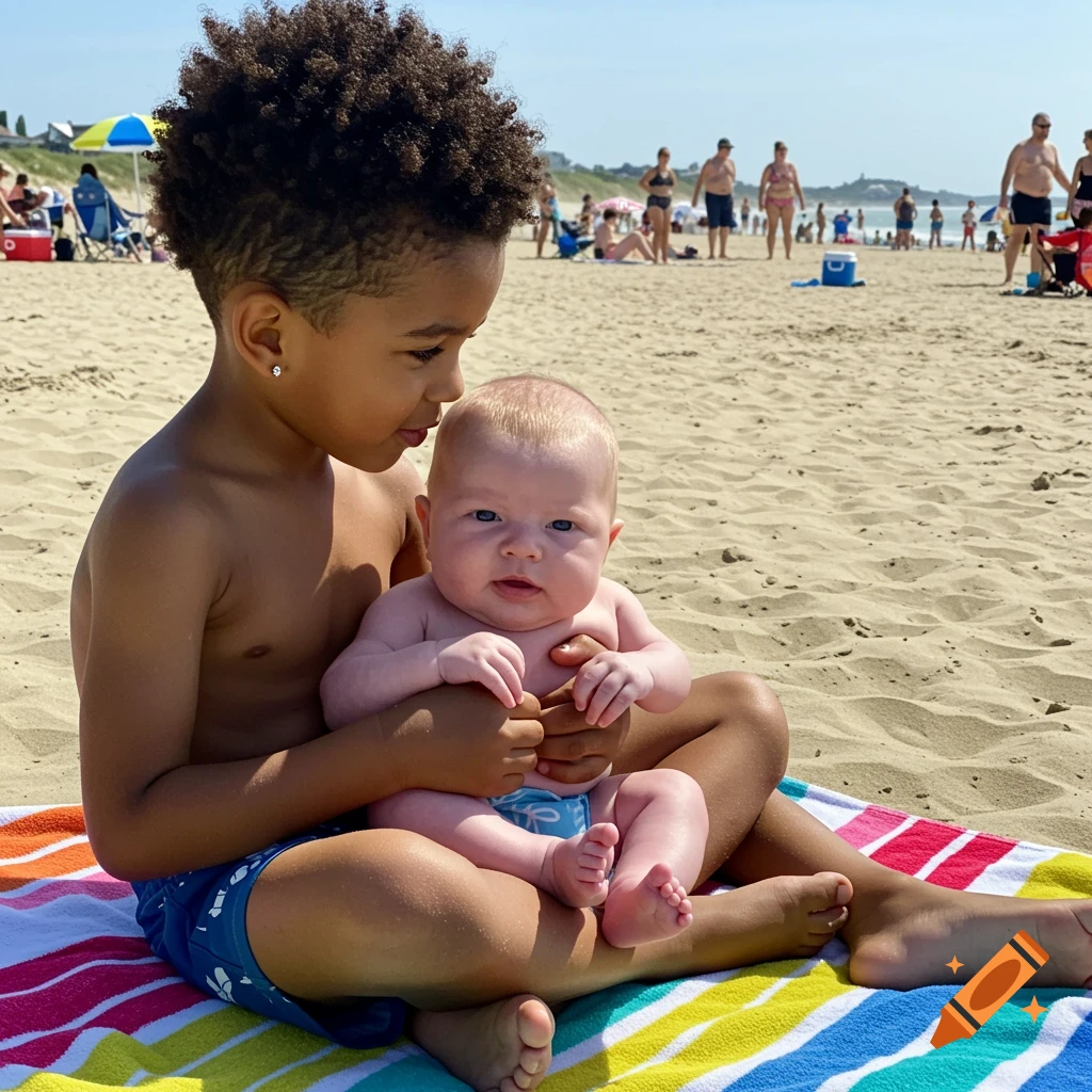 A boy with an afro haircut and an earring sits on a striped beach towel, holding a baby with blonde hair at a sunny beach.