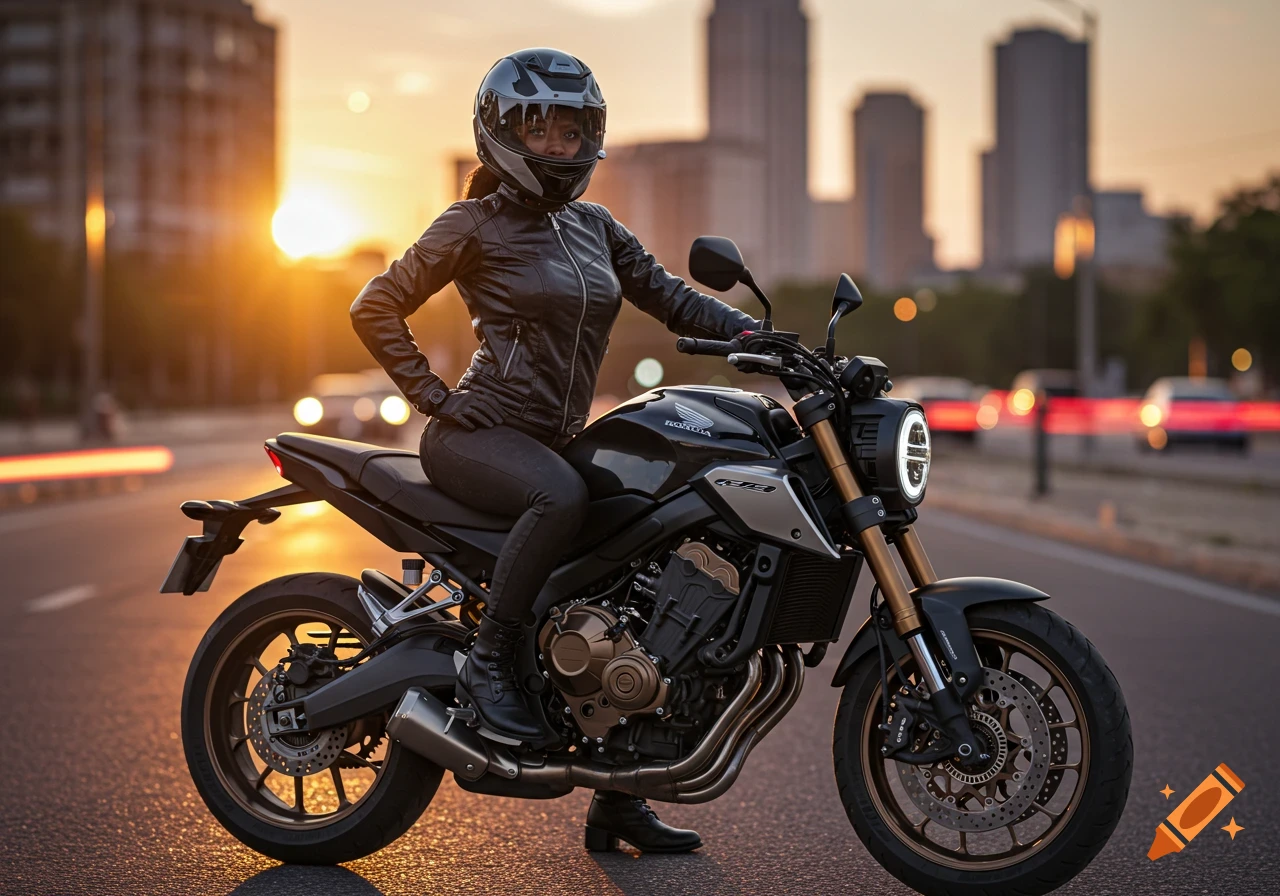A black woman in a helmet and leather jacket sits on a Honda CB 650r motorcycle on a city street at sunset.