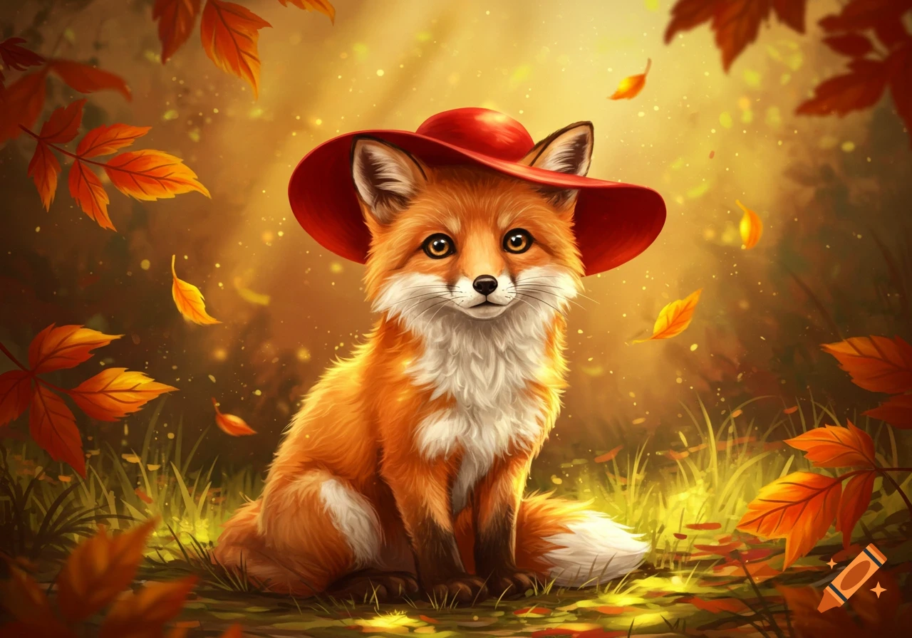 A cute red fox wearing a wide-brimmed red hat sits in a golden autumn forest with falling orange leaves, digital art.