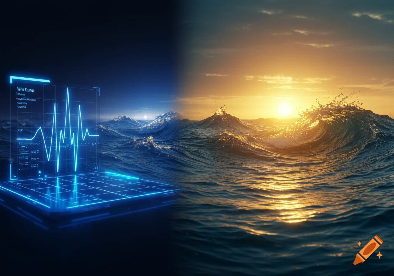 A split image showing a glowing blue digital square wave chart on the left merging into a vibrant ocean sunset with crashing waves on the right.