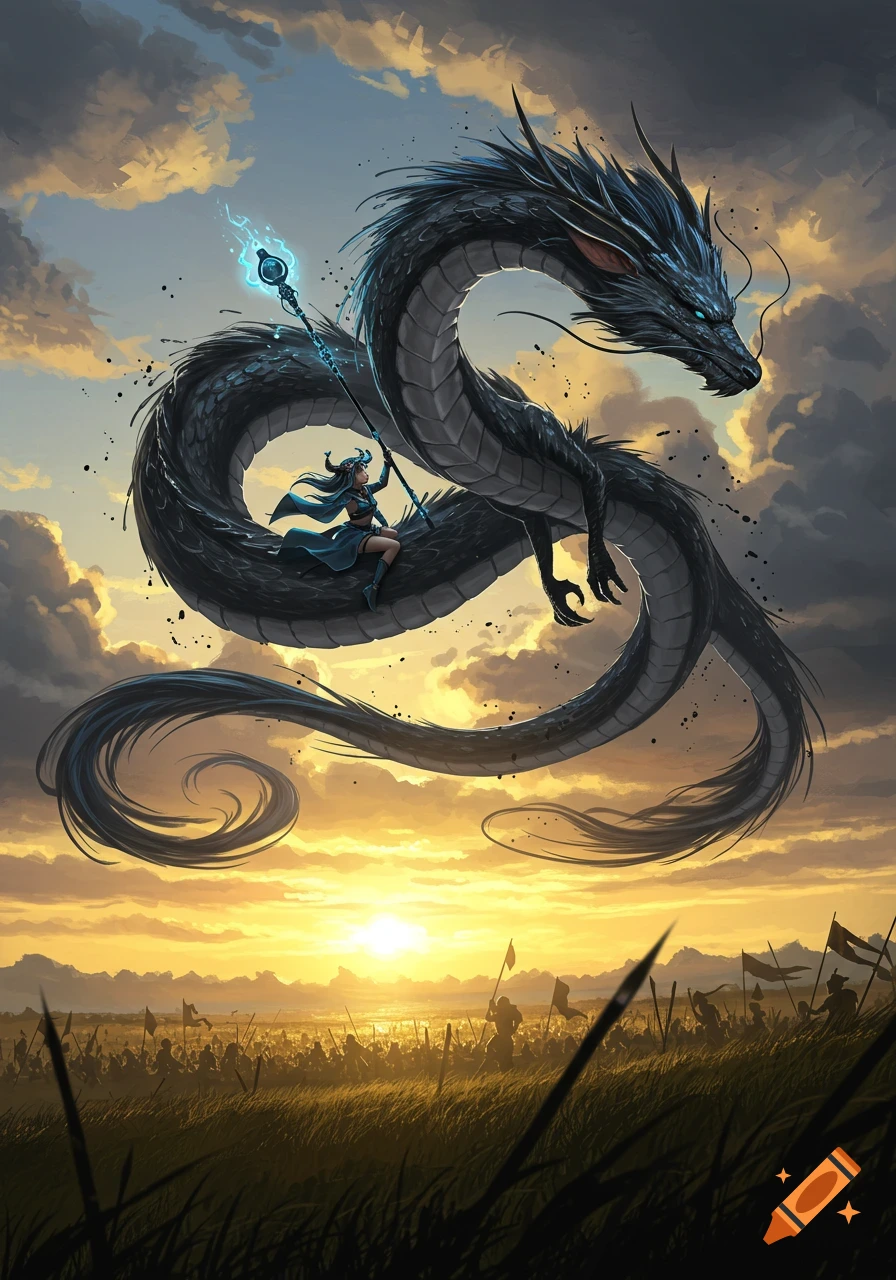 A magical girl with a glowing staff rides a majestic black dragon over a sunset battlefield with an army below, in a fantasy art style.