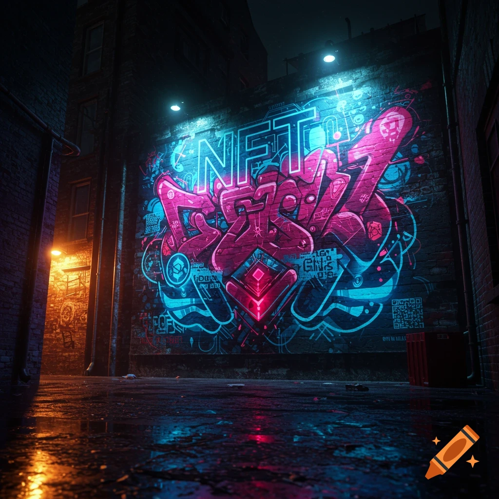 Neon graffiti mural with "NFT" in an urban alley at night, reflecting on a wet street. Cyberpunk style.