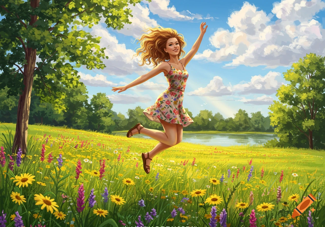 A joyful woman with flowing hair jumps in a vibrant, sunlit meadow filled with colorful wildflowers, in an illustrative style.
