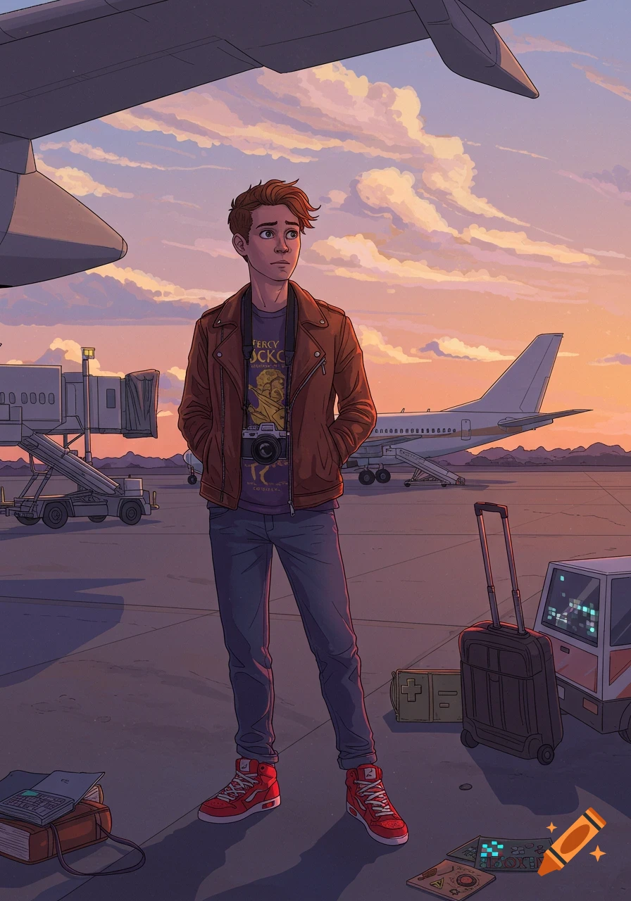 An illustration of a young man with a camera, wearing a leather jacket, standing on an airport tarmac at sunset with planes in the background.