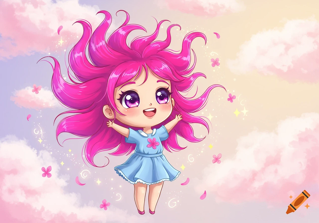 A cute chibi girl with vibrant pink hair and purple eyes, wearing a blue dress, floating in a pastel sky with pink clouds and falling flower petals. Cartoon vector art style.