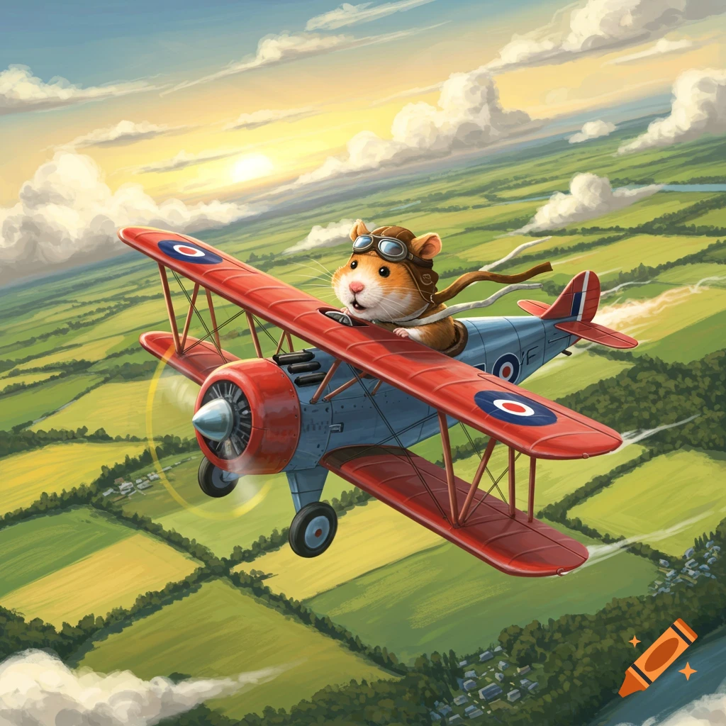 A cartoon hamster wearing a pilot's helmet and goggles flies a red and blue biplane over a green, rural landscape at sunset.