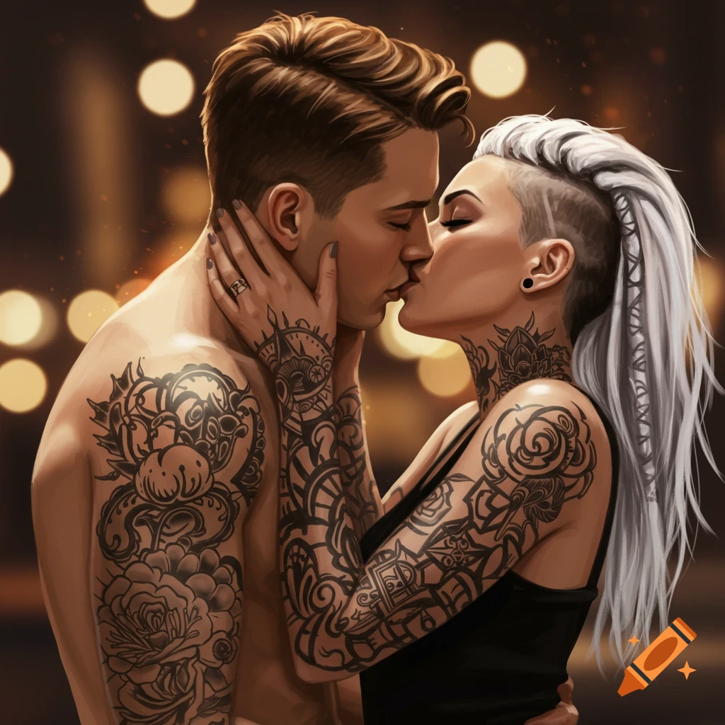 Digital art of a man with short brown hair and a woman with white dreadlocks kissing, both covered in black tattoos.