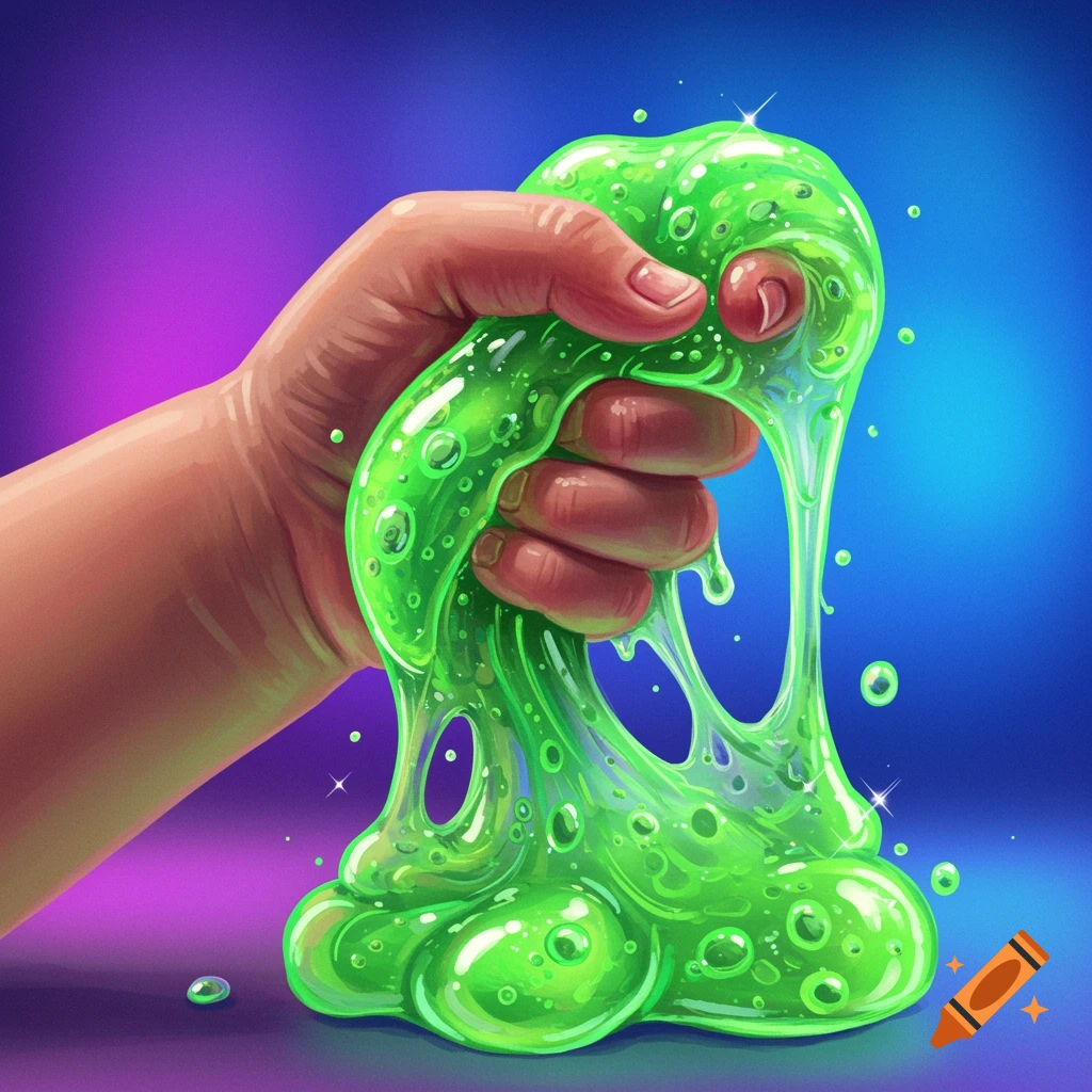 A hand squeezes bright neon green slime, filled with bubbles and dripping, against a purple and blue background in an illustrative style.
