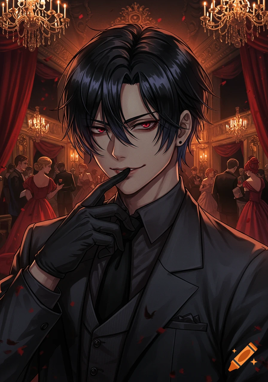 Anime man in a black suit with red eyes and an evil smile, holding a gloved finger to his lips in a grand ballroom.