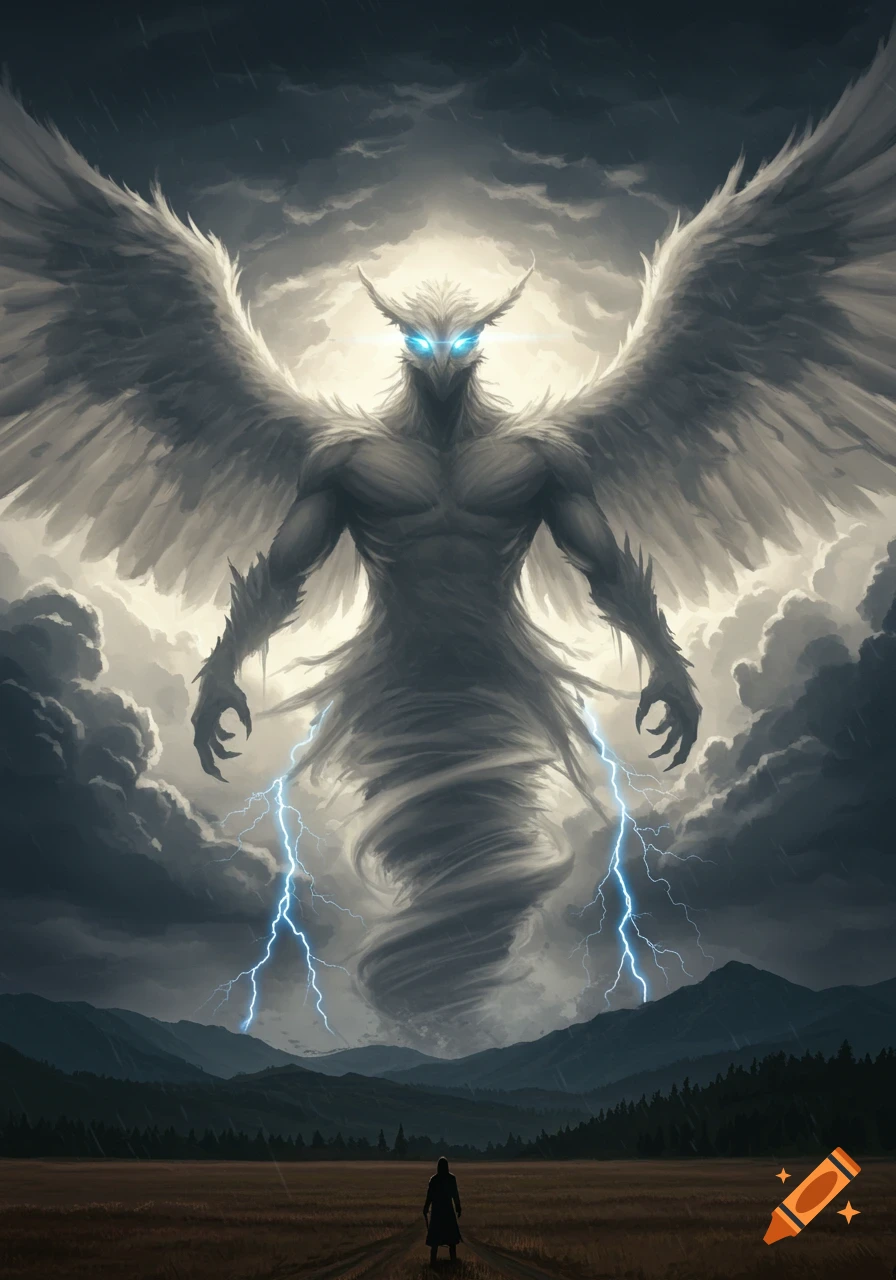 A gigantic winged, bird-like tornado monster looms over a lone person in a field under a stormy sky with lightning.