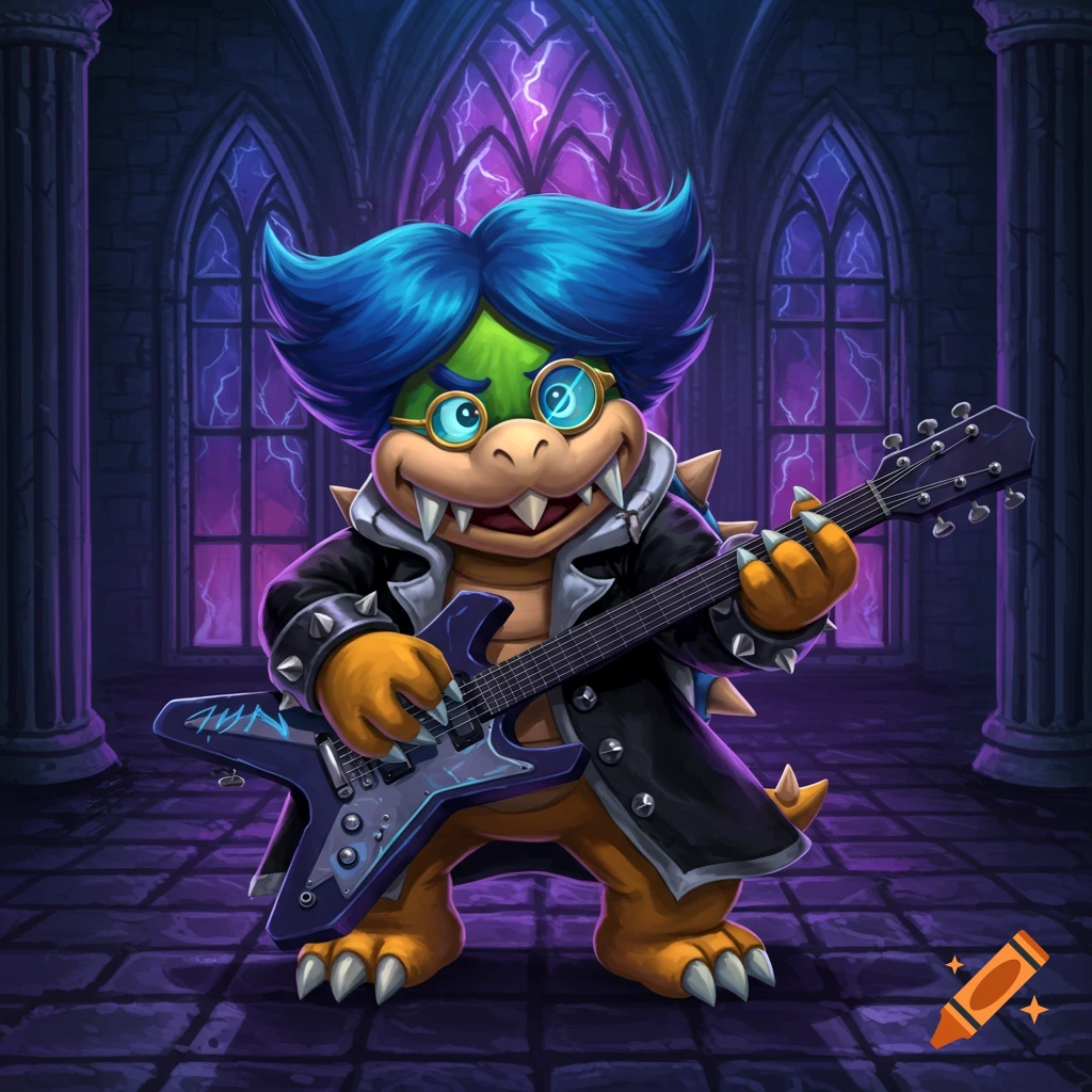 Emo Ludwig von Koopa with blue hair, glasses, and a studded jacket plays an electric guitar in a gothic room with purple lightning.