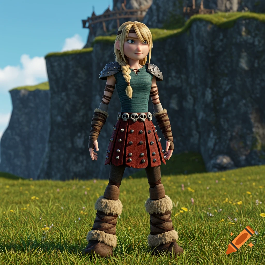 Astrid, a young blonde woman in warrior attire, stands in a green field with cliffs and a castle in the background, in a 3D animated style.